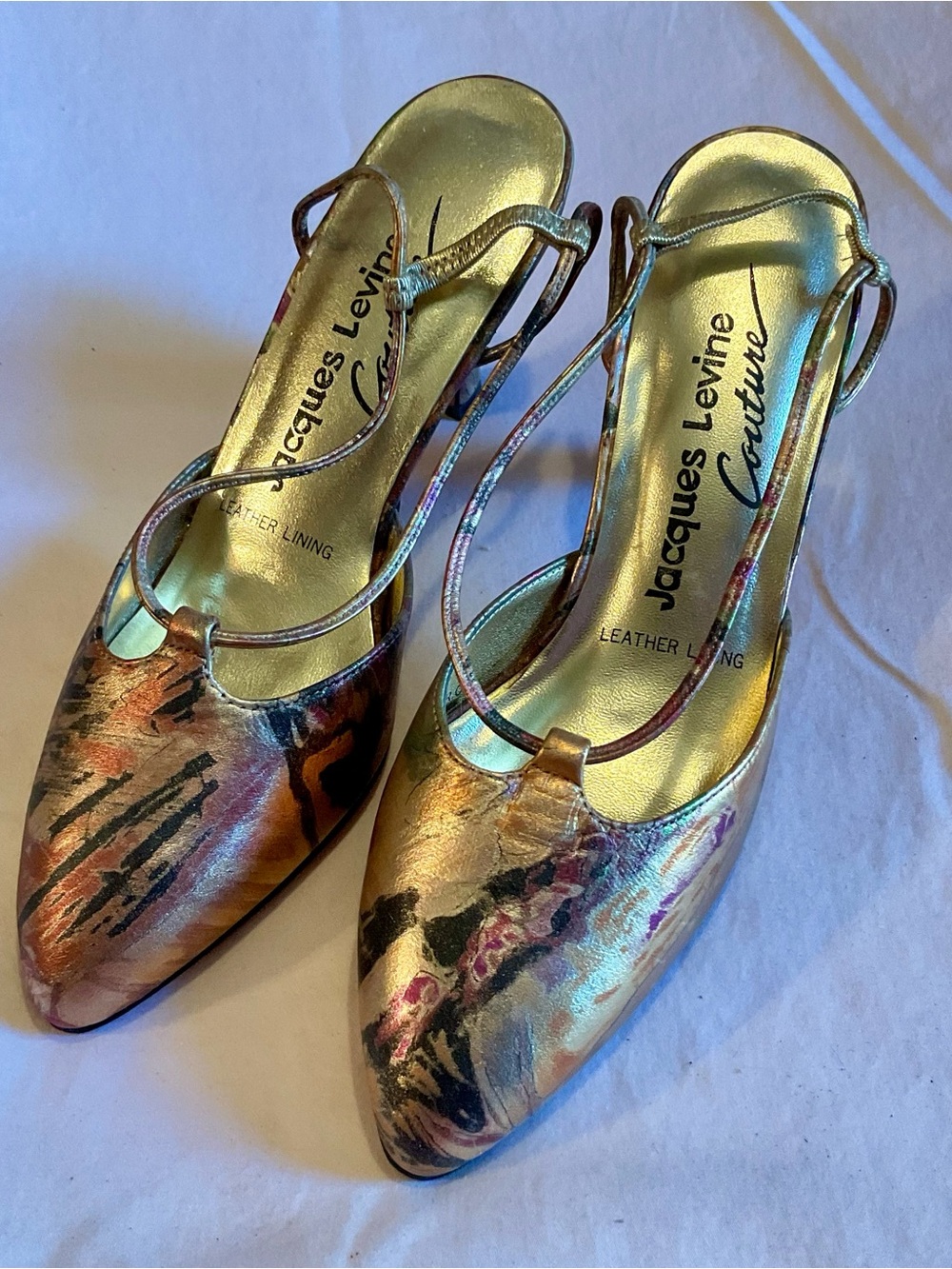 Vintage Jacques Levine Couture  Metallic Gold Abstract Slingback Heels 7B